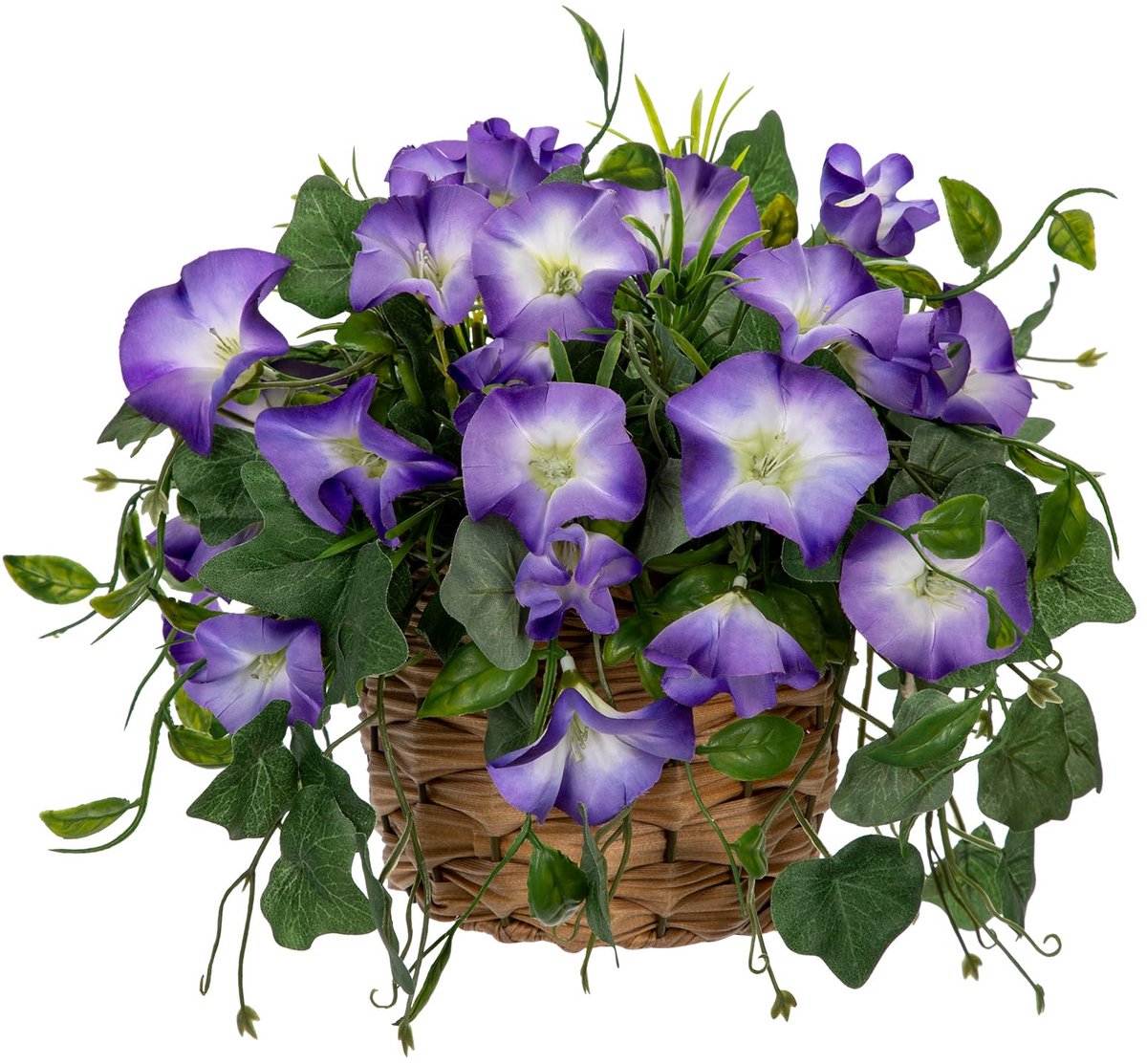 Kunstmatige ochtendglorie in geweven rietpot 22 cm Morning Glory Bloeiende planten ingepotte kunstzijden bloemenarrangementen paarse kunstbloemen voor binnen voor thuiskantoor, bruiloft