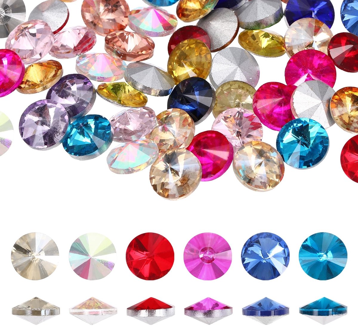 Strassteentjes met puntige basis, 50 stuks à 8 mm, rond, geslepen glas, cabochon voor nagelkunst, sieraden maken (gemengde kleuren)