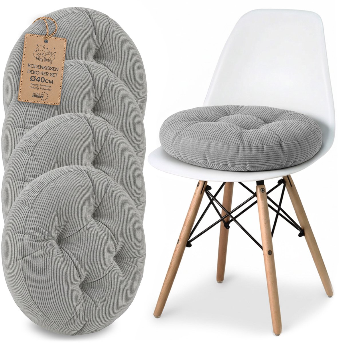 Stoelkussen Ronde Zitting 40 cm - Set van 4 Kussen voor Stoel Binnen Scandinavisch Stijl Comfortabel Zacht Wasbaar Ribfluweel voor Kantoor en Thuis Grijs