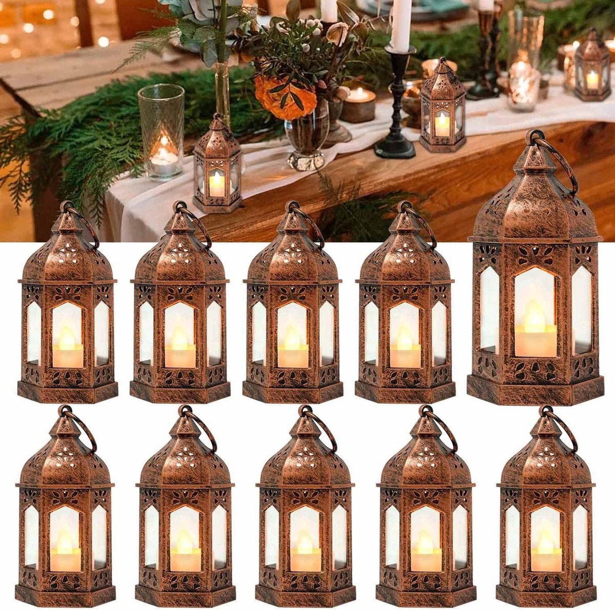 Mini Lantaarns - Decoratieve Kaarsen - Sfeer Creëren - Realistisch Flakkerend Licht - 8 Stuks - Koper