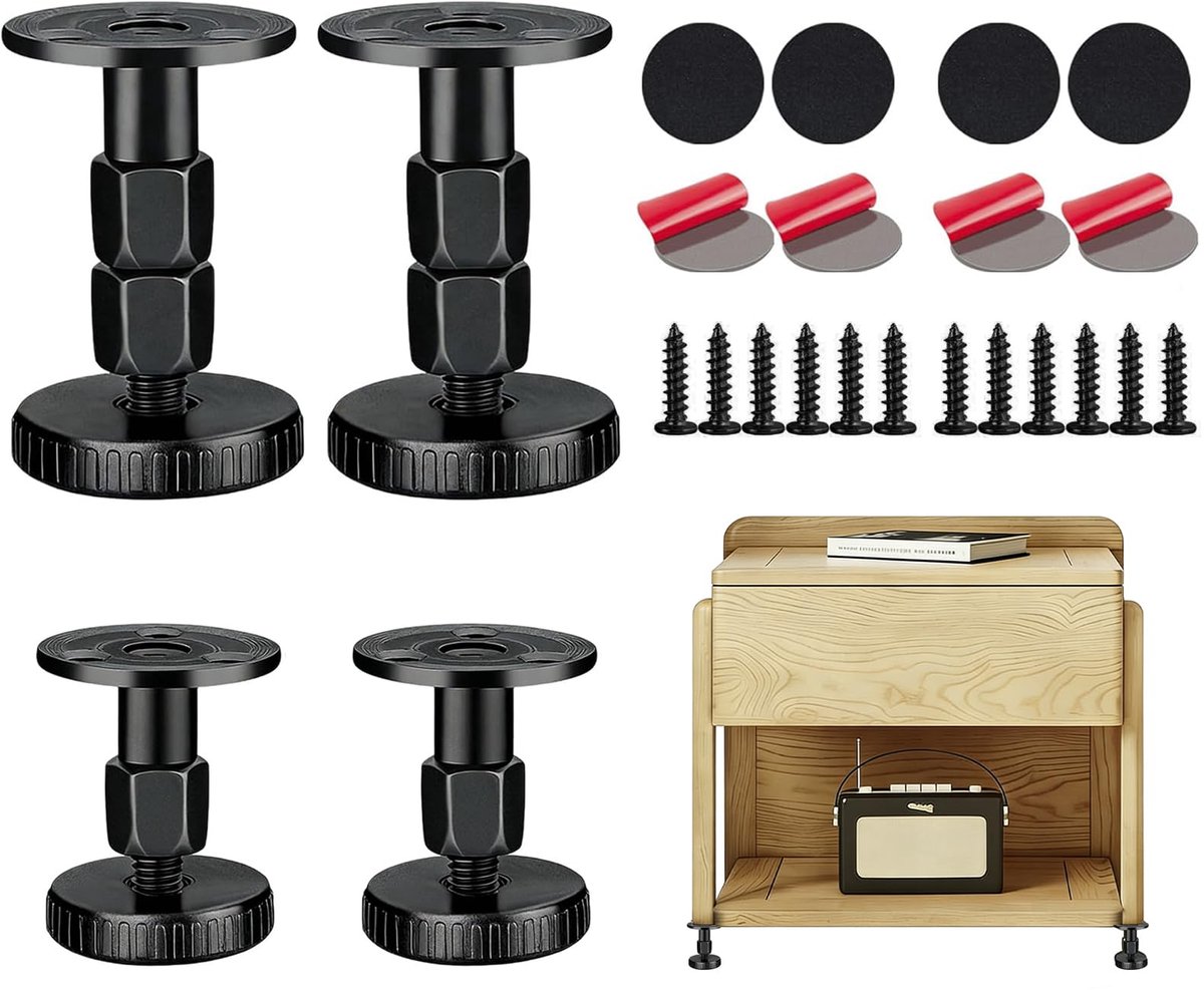 4 stuks 27-64 mm, verstelbare meubelpoten, met dempingspads en montageaccessoires, tafelpoten, in hoogte verstelbaar, voor kast, bedpoot, bank, tafel, stoelen (zwart)