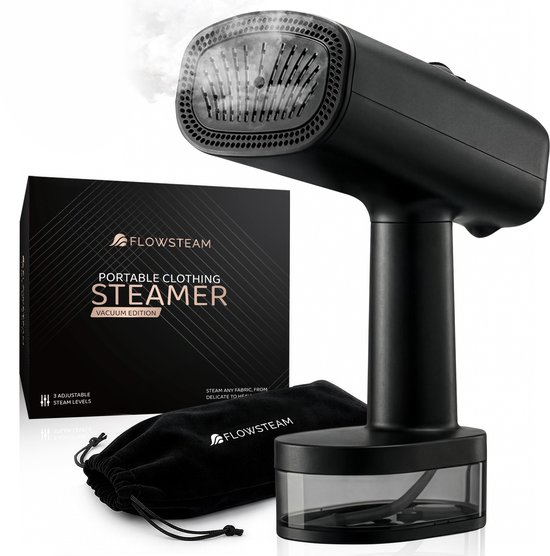 Zwarte Flowsteam kledingstomer, vacuüm editie, met doos en stoffen tas.