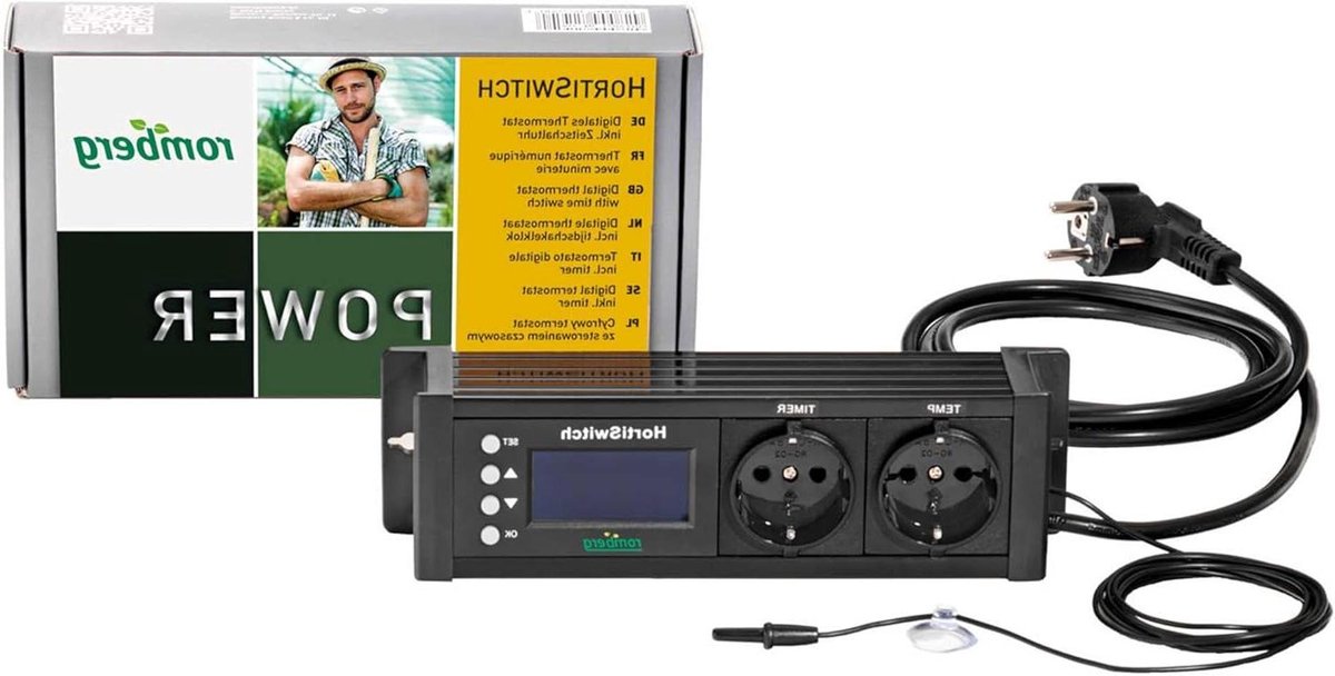 Digitale thermostaat - Temperatuurregelaar - Planten verzorgen - Dubbele stopcontacten - 25 cm breed - Zwart