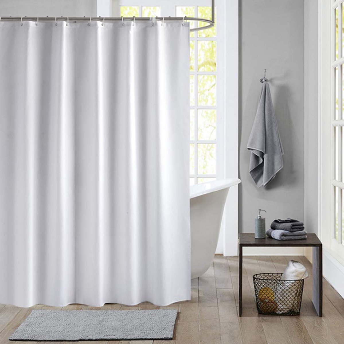 Douchegordijn witte PEVA, waterdicht en schimmelbestendig, badkamer, gordijnen, thuisaccessoire met roestvrije doorvoertules en gordijnhaken, wit