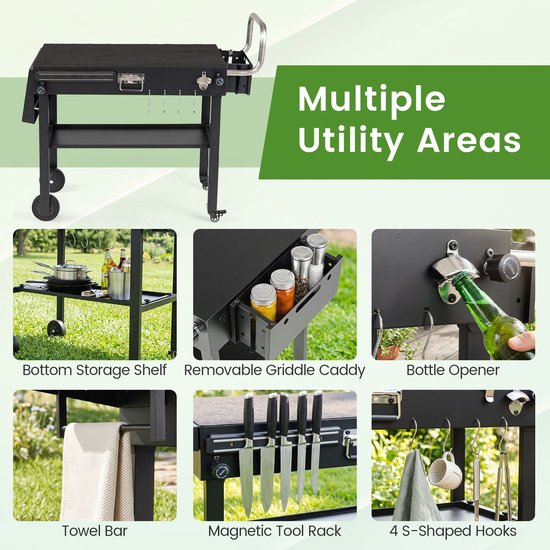 Buitenkeuken op Wielen – BBQ Trolley – Met Opbergkast & Planken – Werktafel voor Buiten – Multifunctioneel –Zwart — afbeelding 2