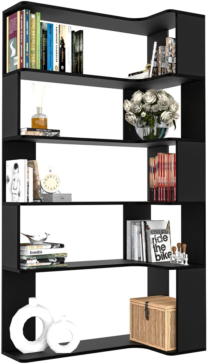 Lilac & Lily Zwarte Hoekkast - L-vormige Hoekboekenkast – 5-Laagse Open Boekenkast - Opbergkast met Planken - 169 x 90 x 23