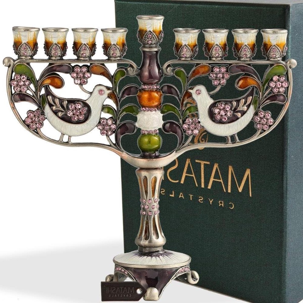Menorah Kandelaar - Kandelaar Kaarsenhouder - Religieuze Decoratie - Handgeschilderd Tin - 19 x 18 cm - Paars Groen Brons