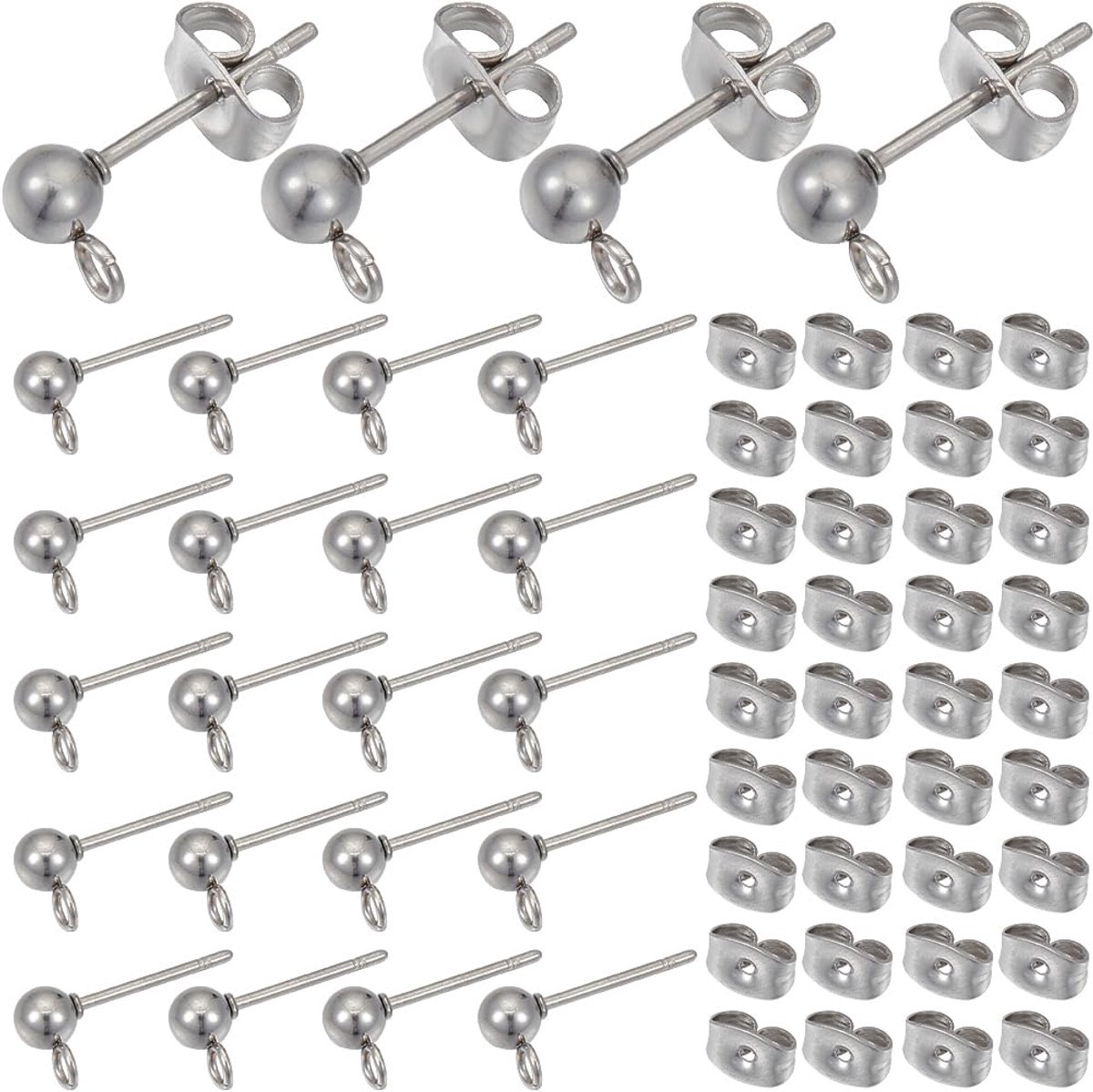 SOFPLATE 1 Doos 100 Stuks Oorknopjes en Achterkantjes, Hypoallergene Oorstekers, Zilveren Roestvrijstalen Oorknopjes met Vlinderrug en Ringetje, Ronde Oorstekers voor DIY Sieraden Maken Benod