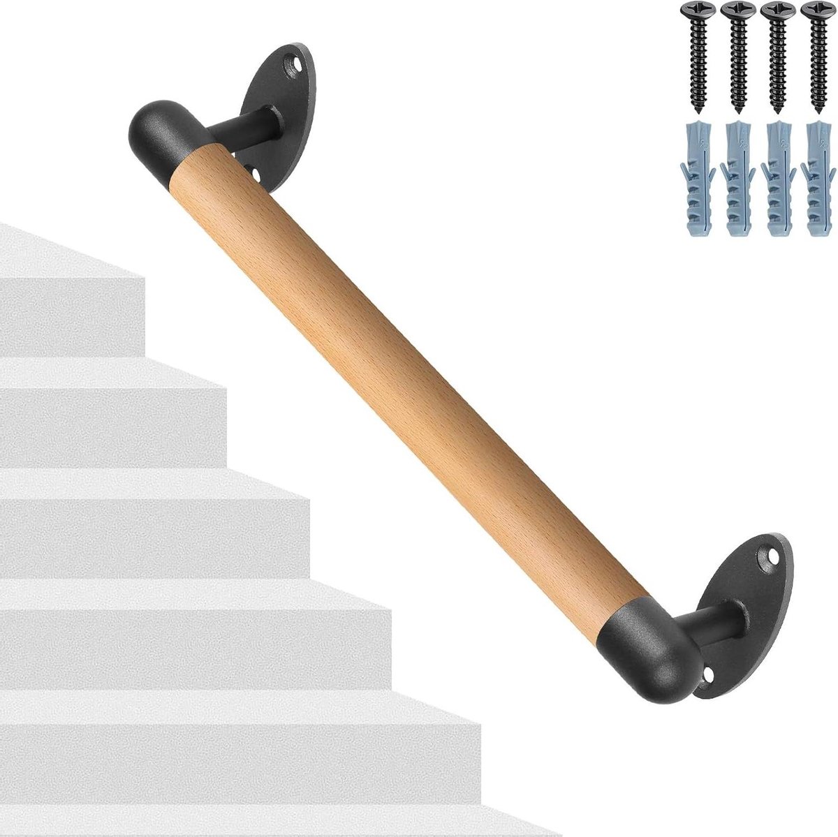 Houten Trapleuning - Wandleuning Handgreep - Veiligheid Thuis - Stevige Houten Constructie - 41 cm - Houtkleur