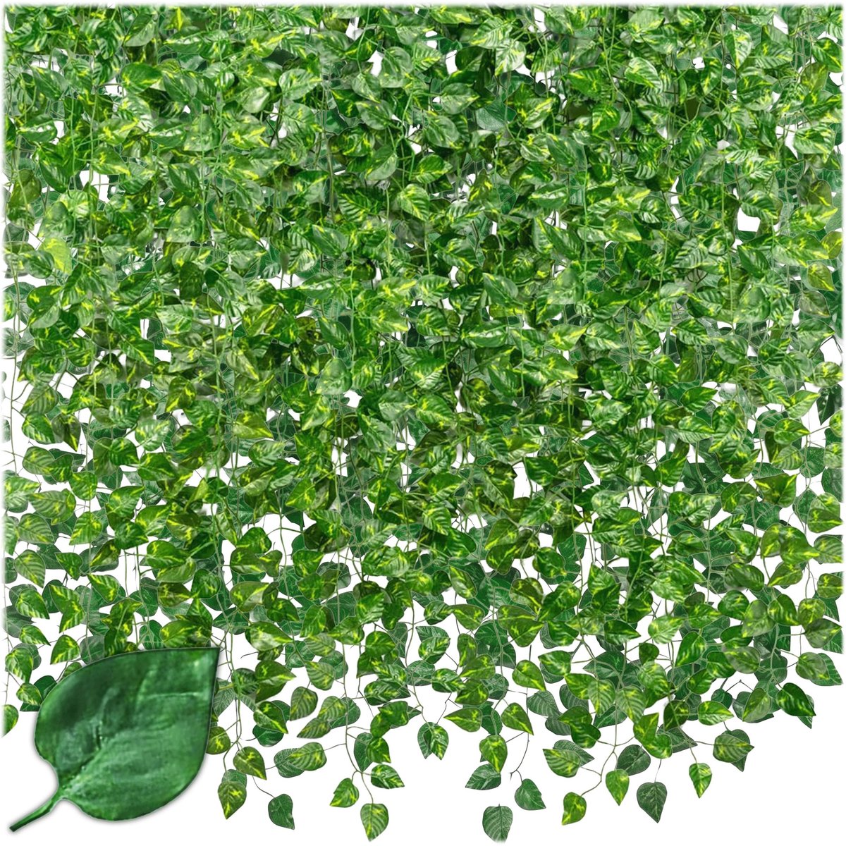 KRUMAD Kunstklimopslinger 12 x 2,4 m, 36 bladeren per scheut, decoratie voor huis, balkons, terrassen, tuinen en muren, groene hangende plant voor binnen en buiten (Epipremnum donkergroen)