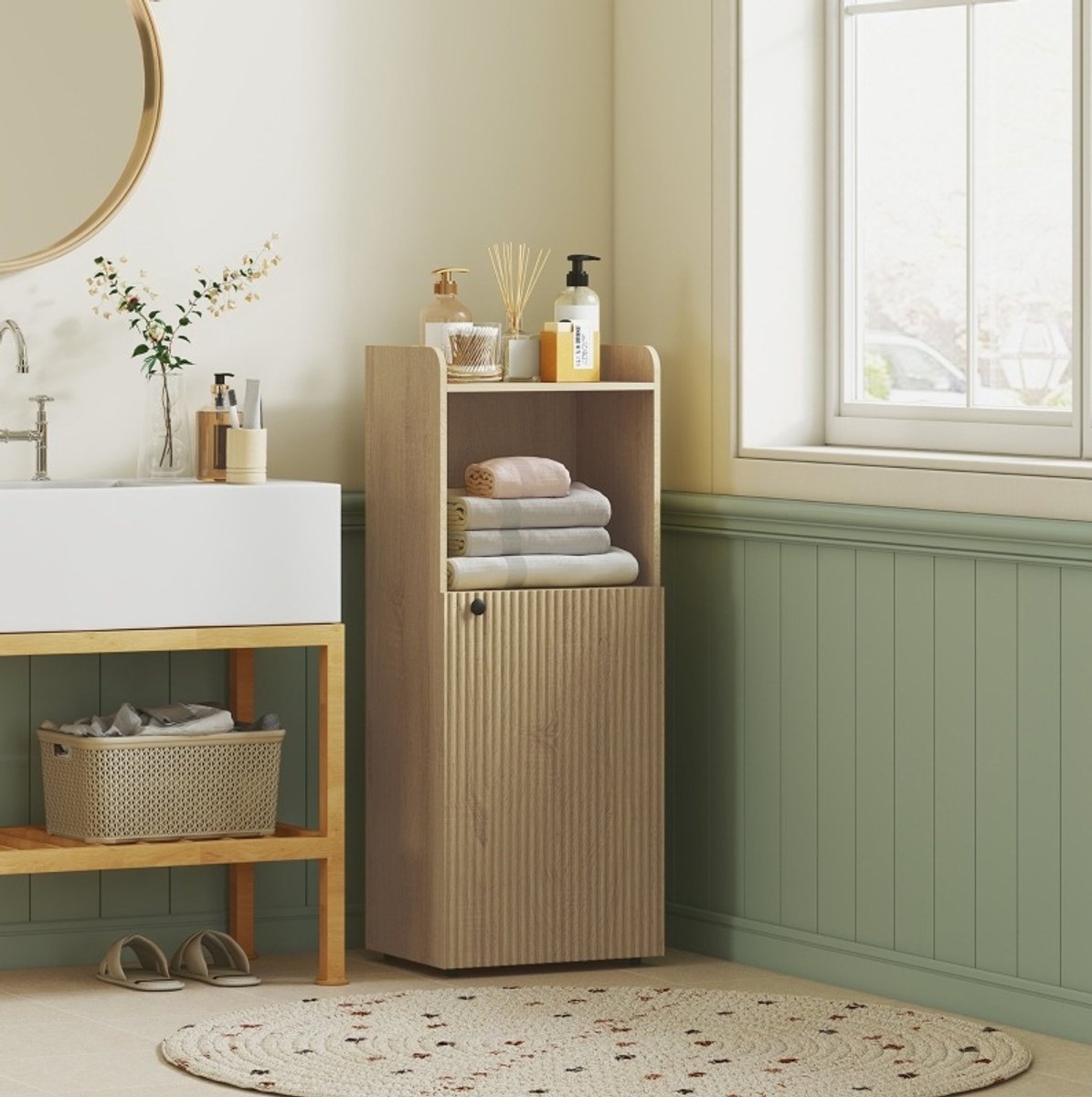 MEUNIQ Badkamerkast 40 x 31 x 104 cm met open vak, kastdeur en 3-voudig verstelbare plank,