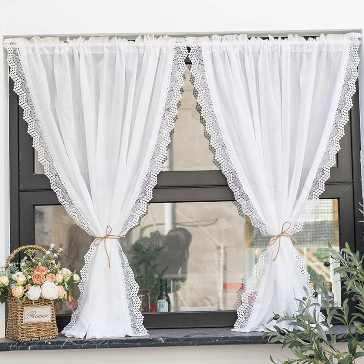 vitrage met delicate kanten golfrand Gordijn voor keuken, woonkamer, balkon landelijke stijl roededoortrek 1 stuk, Wit, BxH 80x160cm