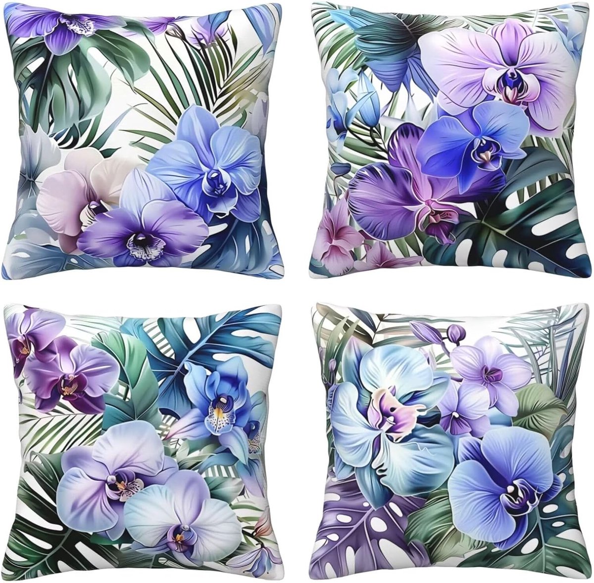 Kussenhoezen voor bank, 65 x 65 cm, set van 4, fluwelen met verborgen ritssluiting, grasblauw en paars, vierkant, voor bank, woonkamer, slaapkamer en stoel, decoratief I7511