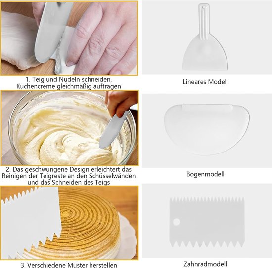 1 stuk deegkaart kunststof, 6 stuks taartspatel en 1 stuk deegspatel pizza, flexibele deegschraper, taartschraper voor keuken, bakken rand decoratie, pizza, deegsnijden, taarten accessoires — afbeelding 4