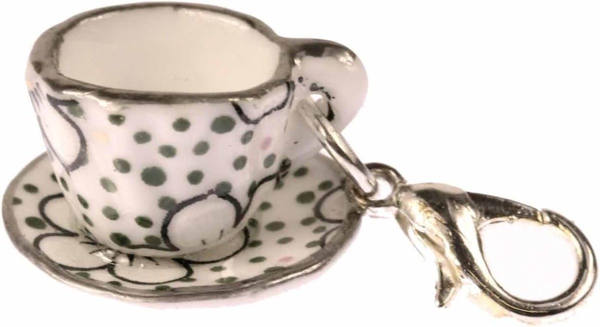 Koffiemok mok bedelpunten donkergroen - handgemaakt modesieraad I verzilverd - bedelhanger bedelarmband - hanger voor armband
