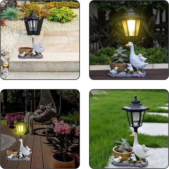 Beelden met zonne-lamp, eendbeeldjes tuin kunst sculpturen bloempot buitendecoratie voor patio tuin gazon veranda tuin ornamenten, Moederdag verjaardag housewarming geschenken — afbeelding 4