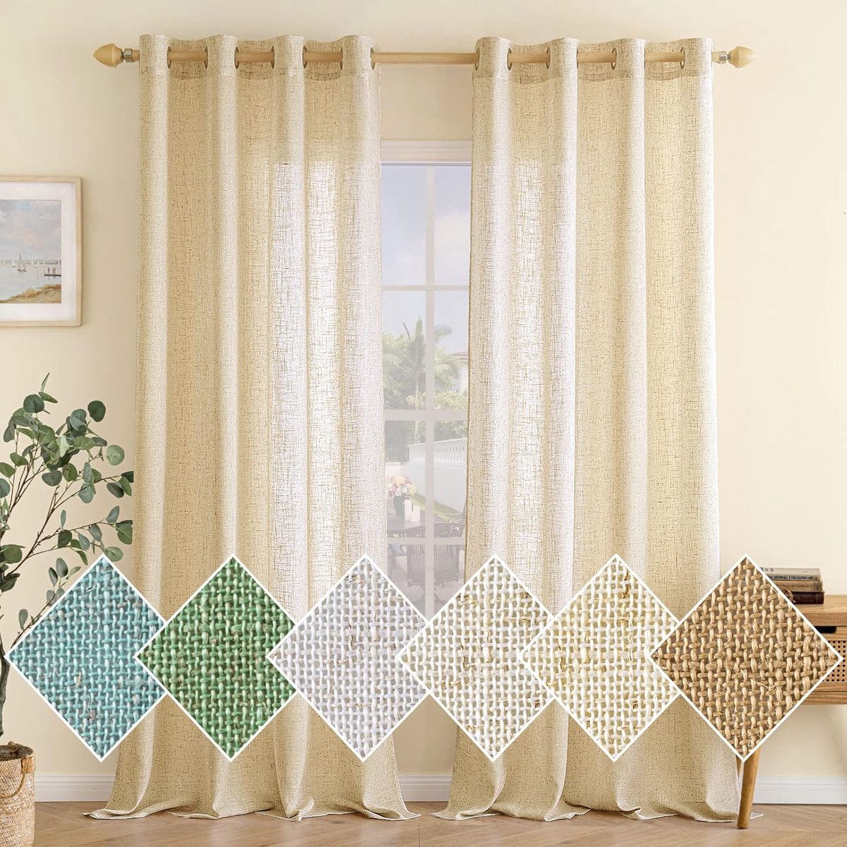 Gordijnen, linnen, gordijn met oogjes, voile, linnenlook, modern, half-transparant, voor woonkamer, decoratieve vitrage, keukengordijnen, set van 2, 140 x 300 cm (b x h), beige