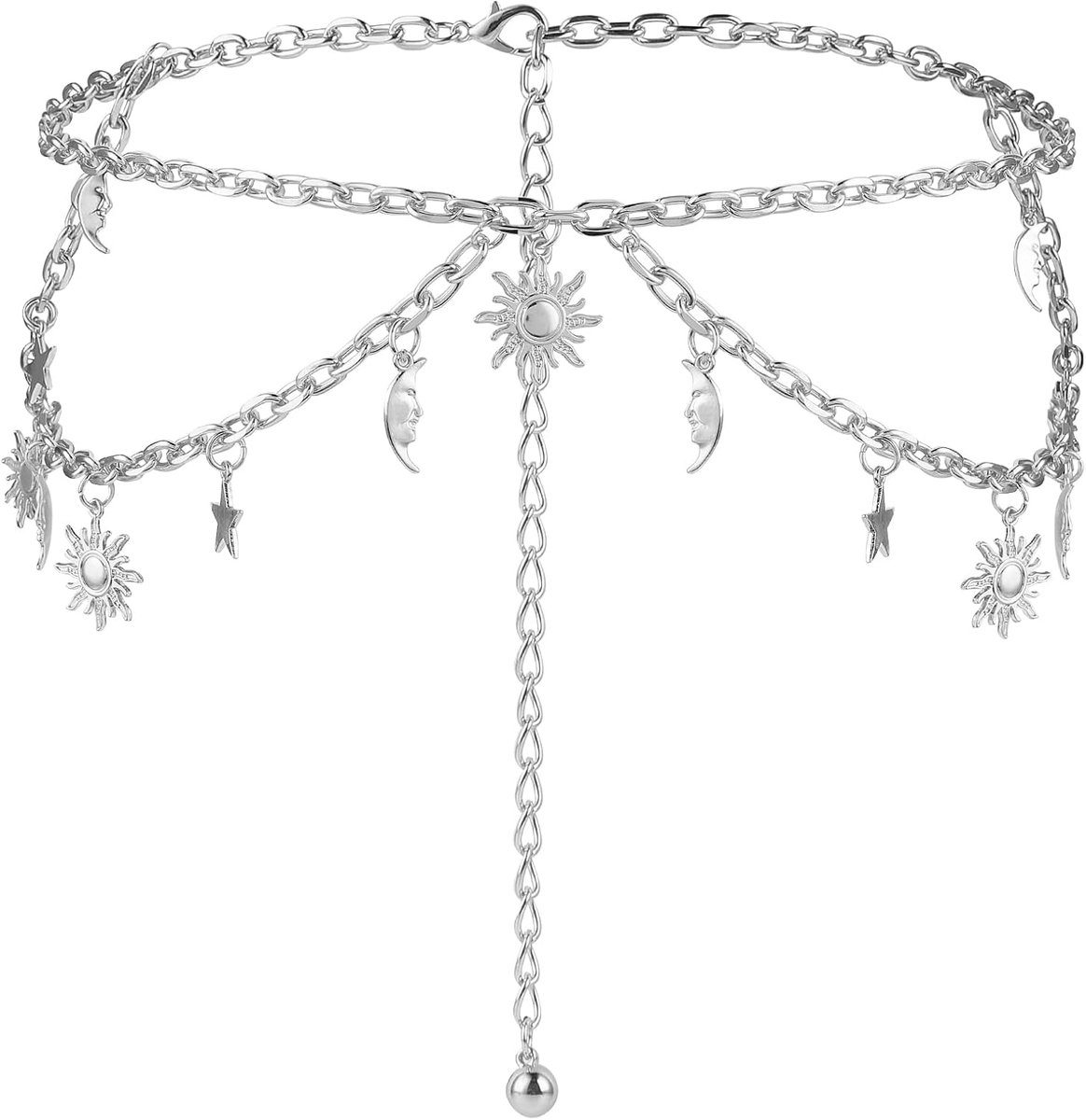 Dubbellaags Vrouwen Metalen Ketting Riem, Maan Ster Verstelbare Taille Ketting Versierd Metalen Link Riem Skinny Tailleband Ketting voor Jurken Jeans