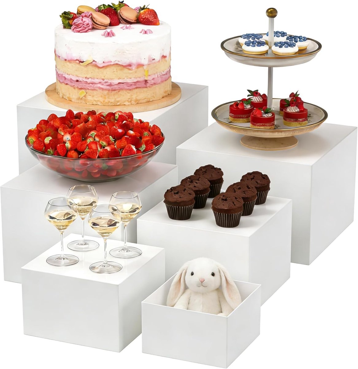 6 Delig Dessert Display Stand van Wit Plastic, Presentatiestandaards voor Buffet - 5-Zijdige Opstelblokken, Stapelbaar voor Bakken, Decoratie, Winkel (6 Verschillende Maten)