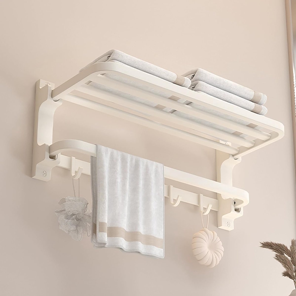 Handdoekhouder zonder boren, melkwit, zelfklevende handdoekhouder voor badkamer, wandmontage, handdoekhouder met 5 handdoekhaken, badhanddoekhouder, handdoekrek voor badkamer, keuken, 58 cm, aluminium
