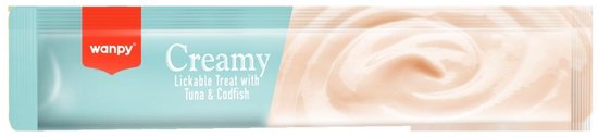 Wanpy Creamy treat met Tonijn & Kabeljauw. Lichtblauwe verpakking met rode band. Romige textuur zichtbaar.