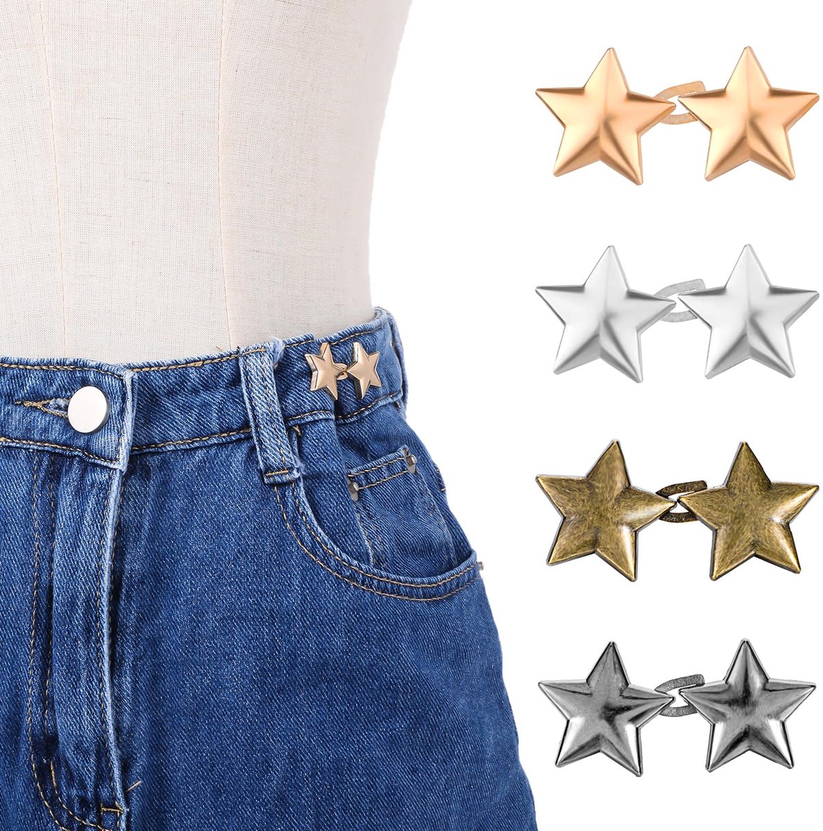 4 sets sterren jeansknopen, pentagram broek tailleverstrekker, geen naaiwerk vereist broekclips verwijderbare jeansknopen voor losse jeans metalen knoopspelden voor broeken rokken kledingaccess