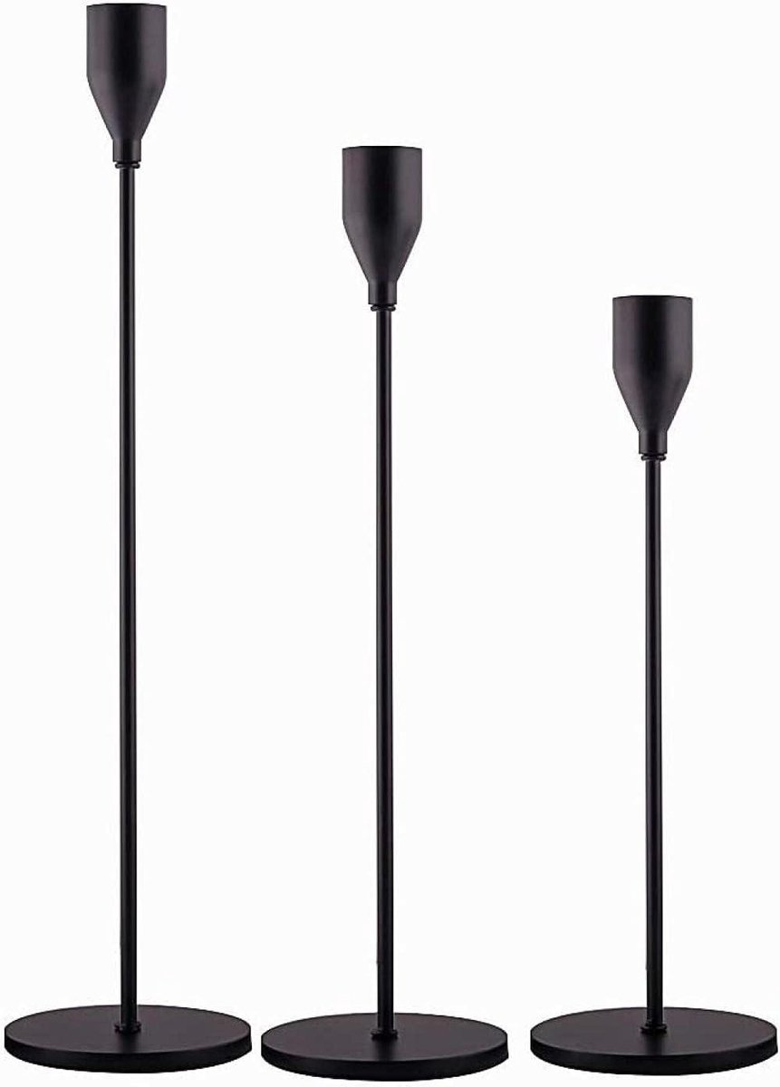 Set van 3 Zwarte Kandelaars voor Kegelkaarsen en Dinerkaarsen - Tafeldecoratie