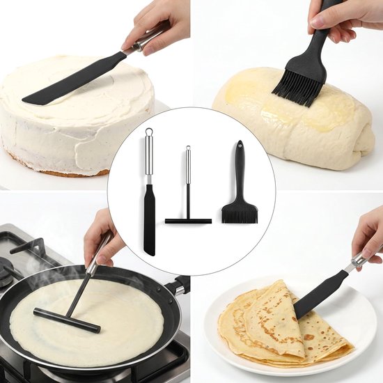 verdeler, spatel en siliconen borstel, 3 stuks roestvrij staal en siliconen materiaal crêpes deegverdeler, T-deegschraper crêpe verdeler bakgereedschap voor pannenkoeken thuis keuken bakken — afbeelding 5