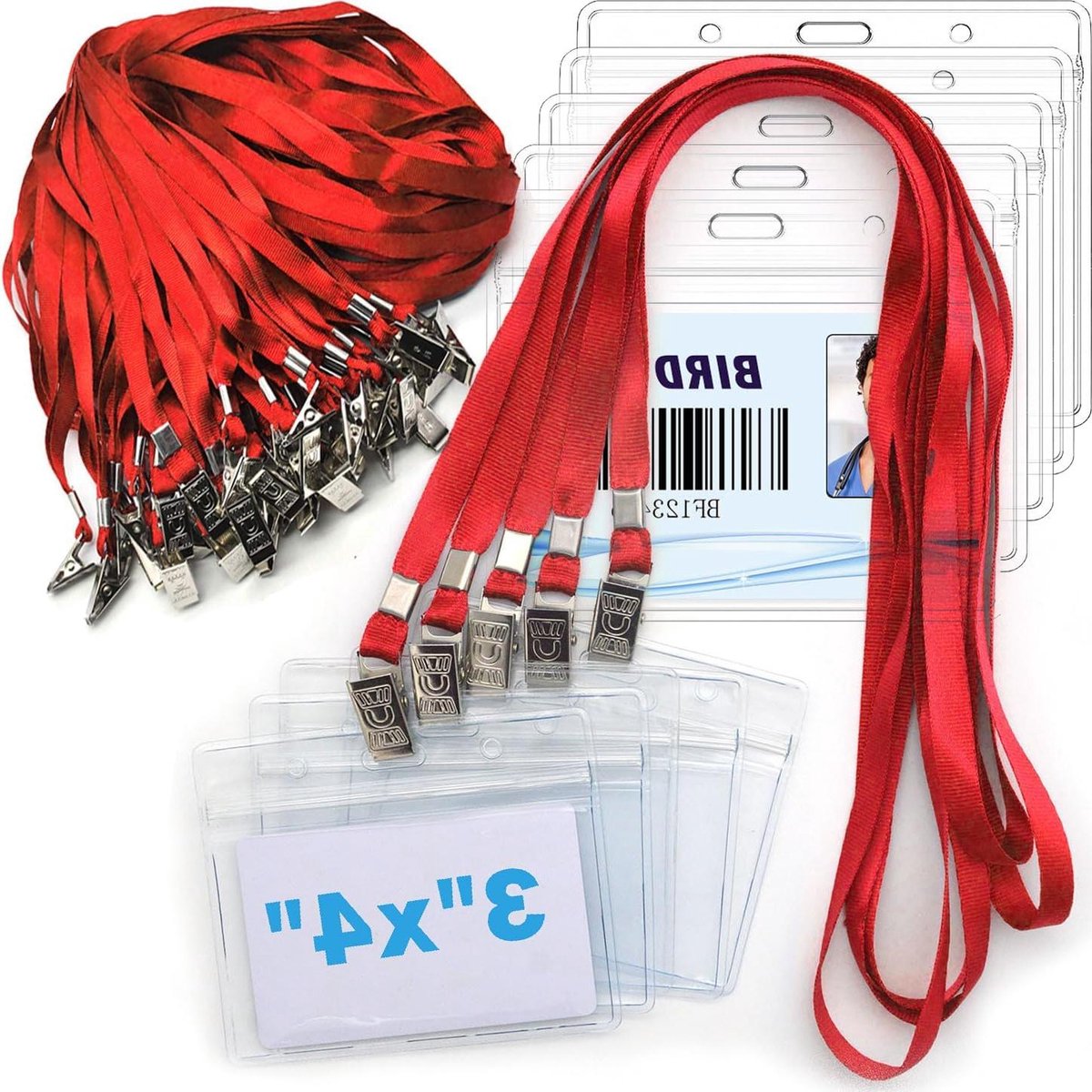 Badgehouders met Lanyard - Naamkaarthouders ID Kaarten - Evenementen Organiseren - Waterdicht en Hersluitbaar - 4 x 3 inch - Rood
