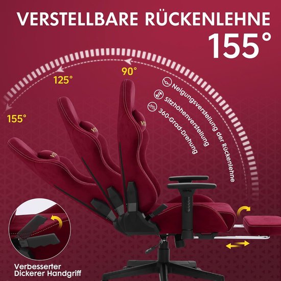 Gamingstoel met Voetensteun - Ergonomische Stoel - Comfortabel Zitten - Ademend Imitatie Suede - 90-155 graden rugleuning - Wijnrood — afbeelding 5