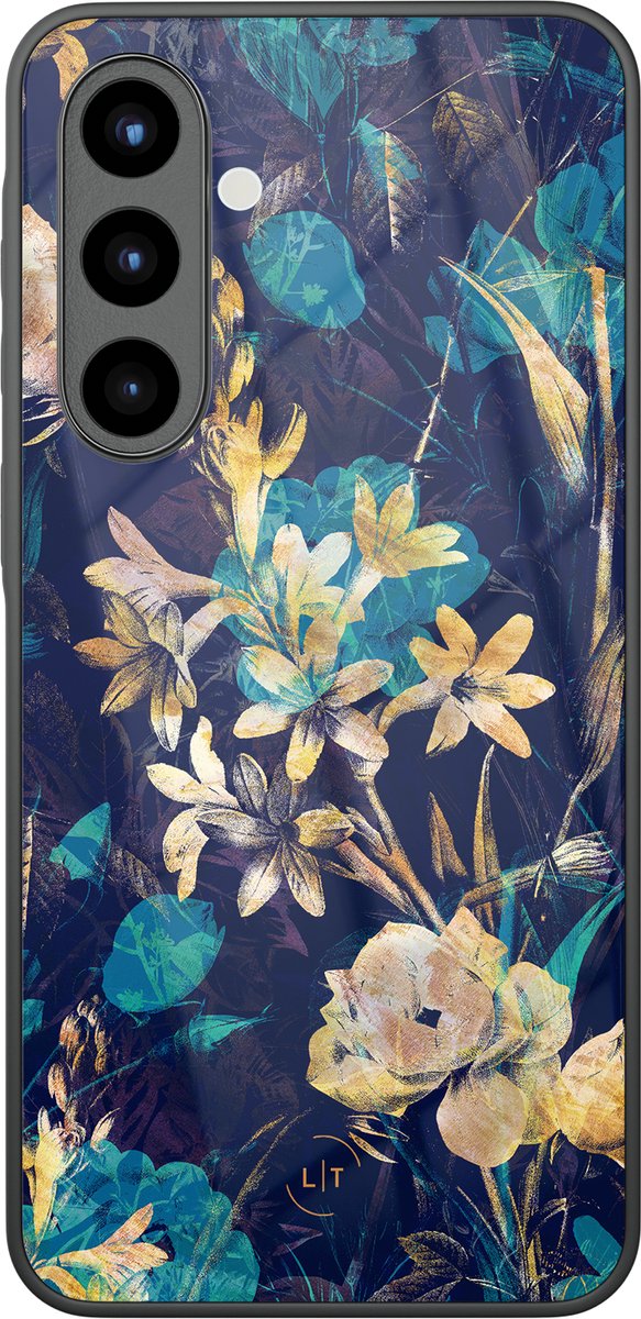 Hoesje geschikt voor Samsung Galaxy A56 - Bloemen turquoise - Luxe Glazen Hardcase - Bloemen - Blauw