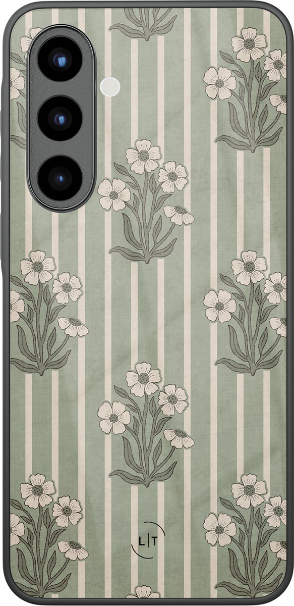 Hoesje geschikt voor Samsung Galaxy A56 - Vintage bloom - Luxe Glazen Hardcase - Bloemen, Gestreept - Groen