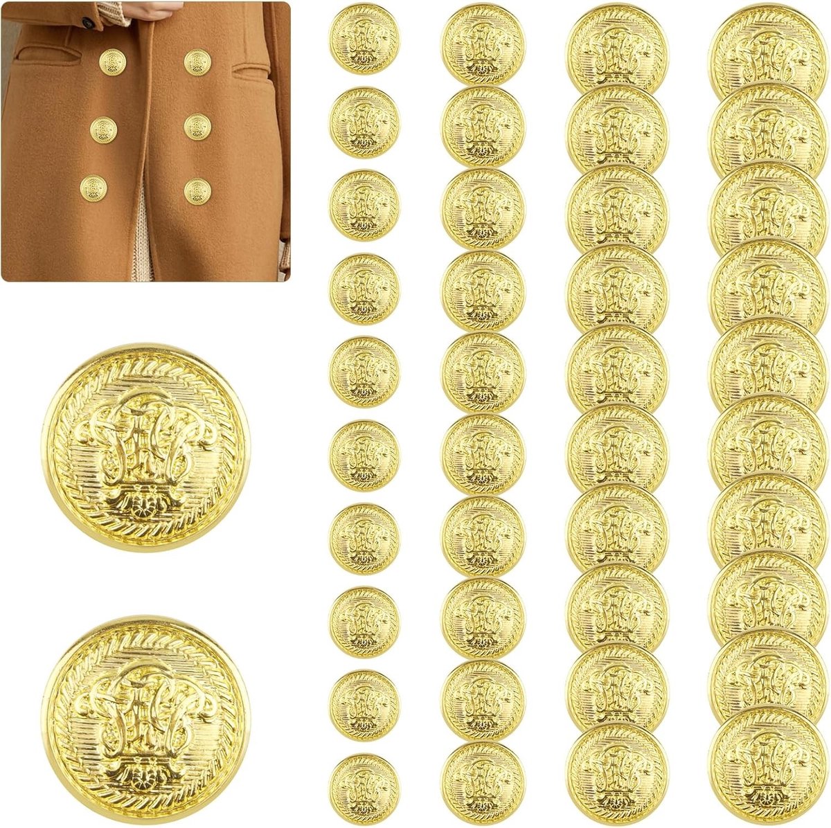 Set van 40 Gouden Blazer Knopen, Metaal Knopen in 4 Maten voor Naaien van Blazers, Geschikt voor Mannen en Vrouwen, Brass Knopen voor Kostuums, Jeansjacks en Sportjacks (15/18/21/25mm)