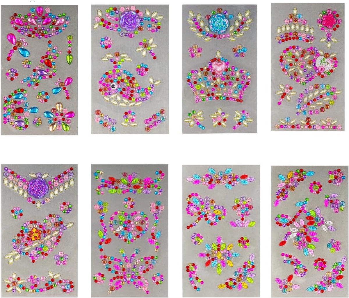 zelfklevend, 8 vellen - strass-steentjes, kleurrijk en veelzijdig, stickerset meisjes om te knutselen, ornamenten om op te plakken, glitterstickers voor textiel en meer