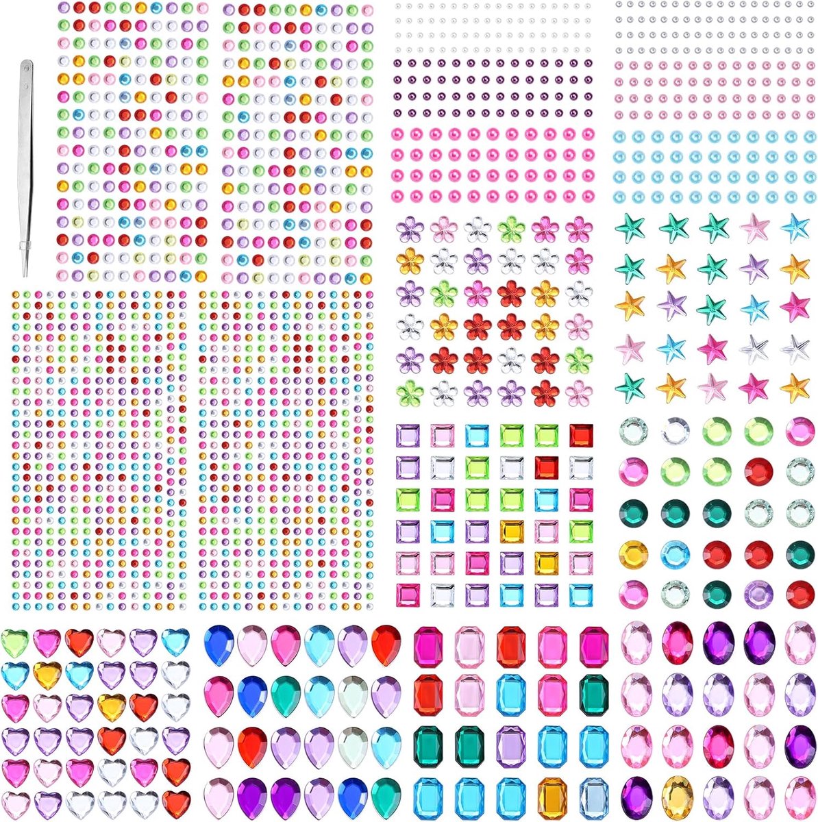 1786 stuks glitterstenen, zelfklevend, 15 vellen, kleurrijke strassteentjes, zelfklevende sierstenen, stickers, glitter, strass, om te knutselen, met pincet voor doe-het-zelf handwerk,