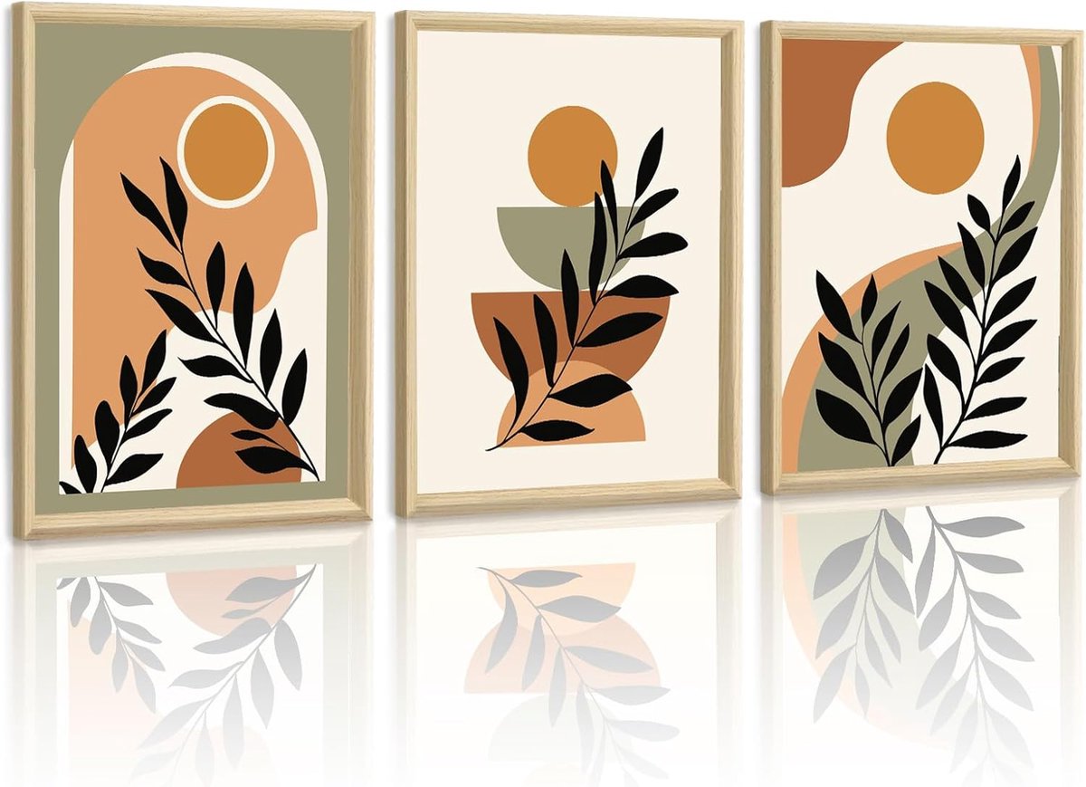 Canvas Muurkunst Ingelijst, Set van 3 Boho Abstract Geometrisch Canvas Foto's, Kleurrijk Minimalistisch Botanisch Schilderij voor Woonkamer Slaapkamer Huis Muurdecoratie 40x60cmx3