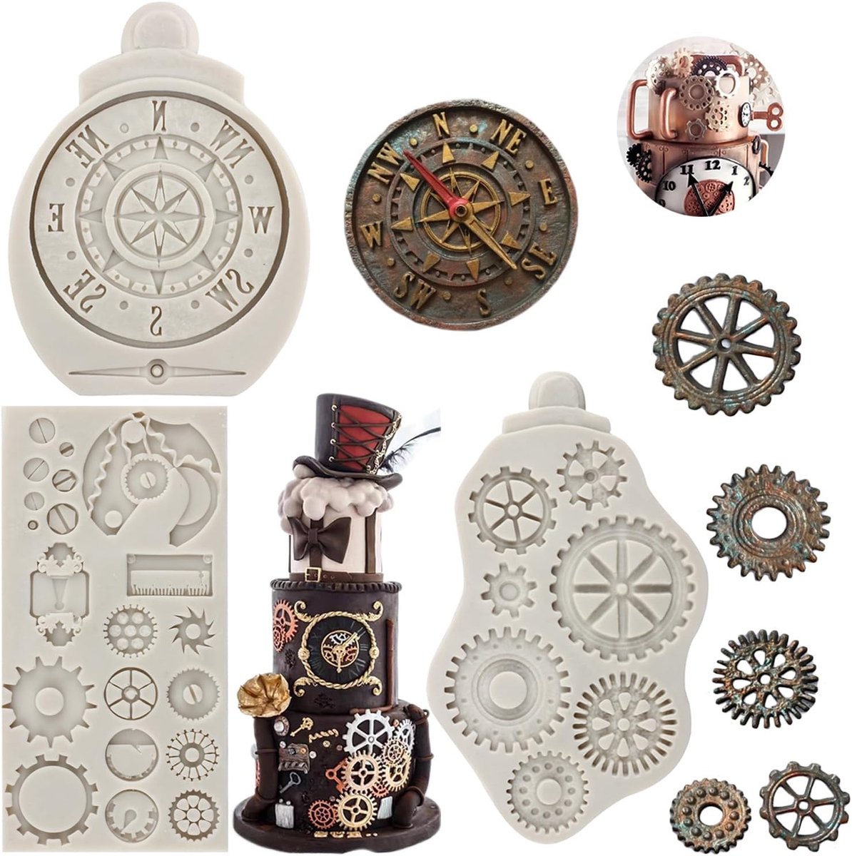 Gear Siliconen Mal Kompas Tandwielen Tandwieltanden Fondant Mallen voor Steampunk Reis Thema Cake Decoratie Chocolade Snoep Cupcake Topper Polymeer Klei Set van 3