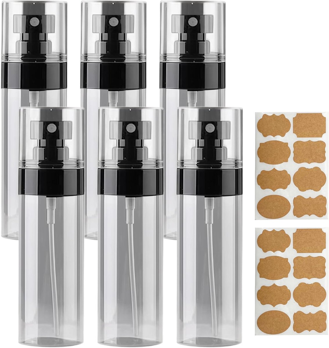 Spuitflessen, klein, 50 ml, spuitfles, actualiseren mondstuk, fijne nevel, verstuiver, plastic, lege spuitflessen om te vullen, voor alcohol, cosmetica, parfum, transparant, zwart