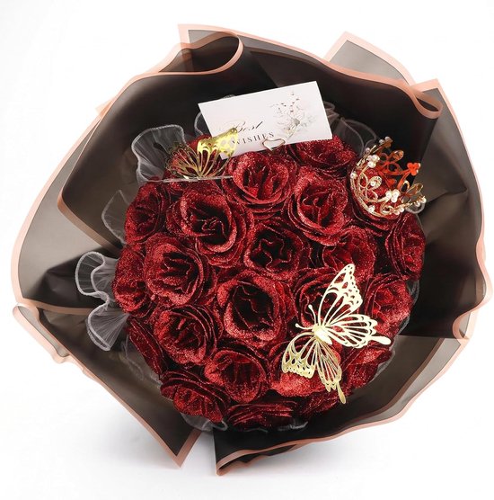 Boeket van glinsterende rozen, rood, met 24 kunstrozen, bordeaux, vlinderkroon en kaarten, glinsterend boeket voor Valentijnsdag, verloving, huwelijk, jubileum, Moederdag