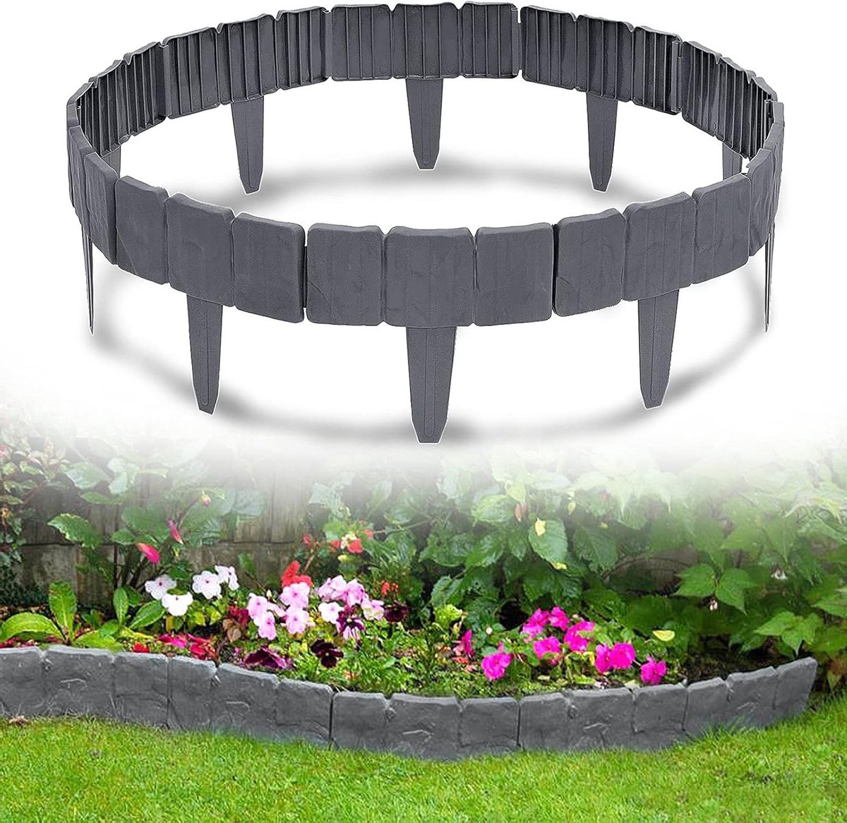 Gazonrand Kunststof - Bloembedrand Steenlook - Tuin Ordenen - Flexibel Insteeksysteem - 10 meter - Antraciet