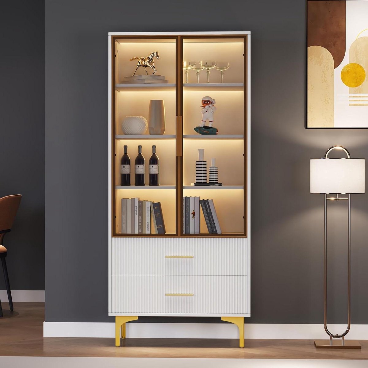 Glazen Vitrinekast - Displaykast Opbergkast - Woonkamer Decoratie - 16-kleurige LED-verlichting - 70 x 35 x 150 cm - Wit