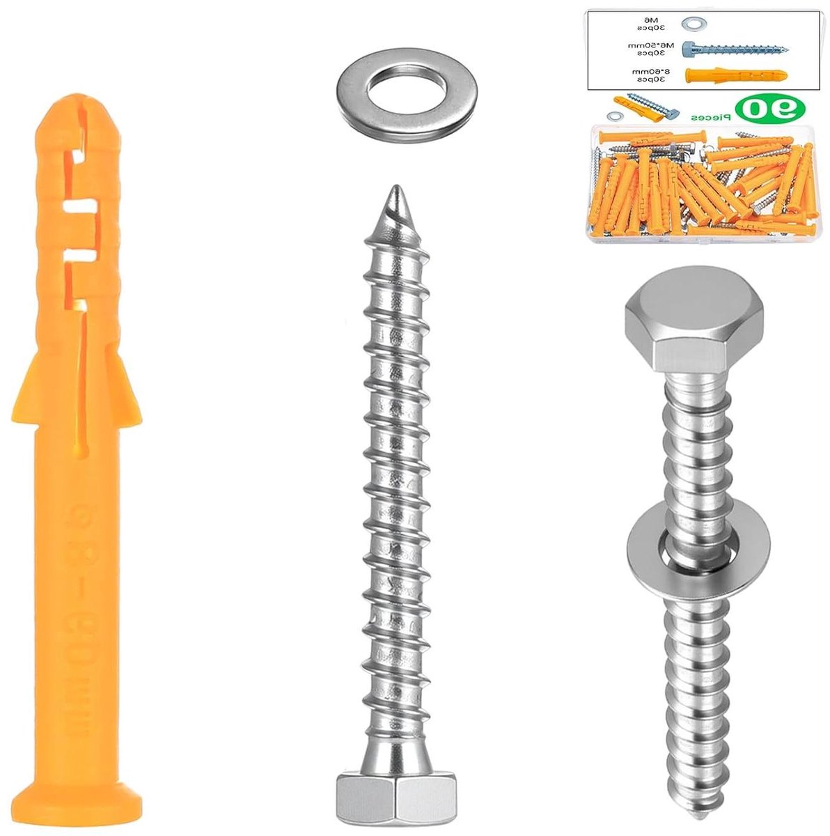 Zware pluggen set - Muurpluggen schroeven - Meubels monteren - Hoge treksterkte - 30 sets - Grijs