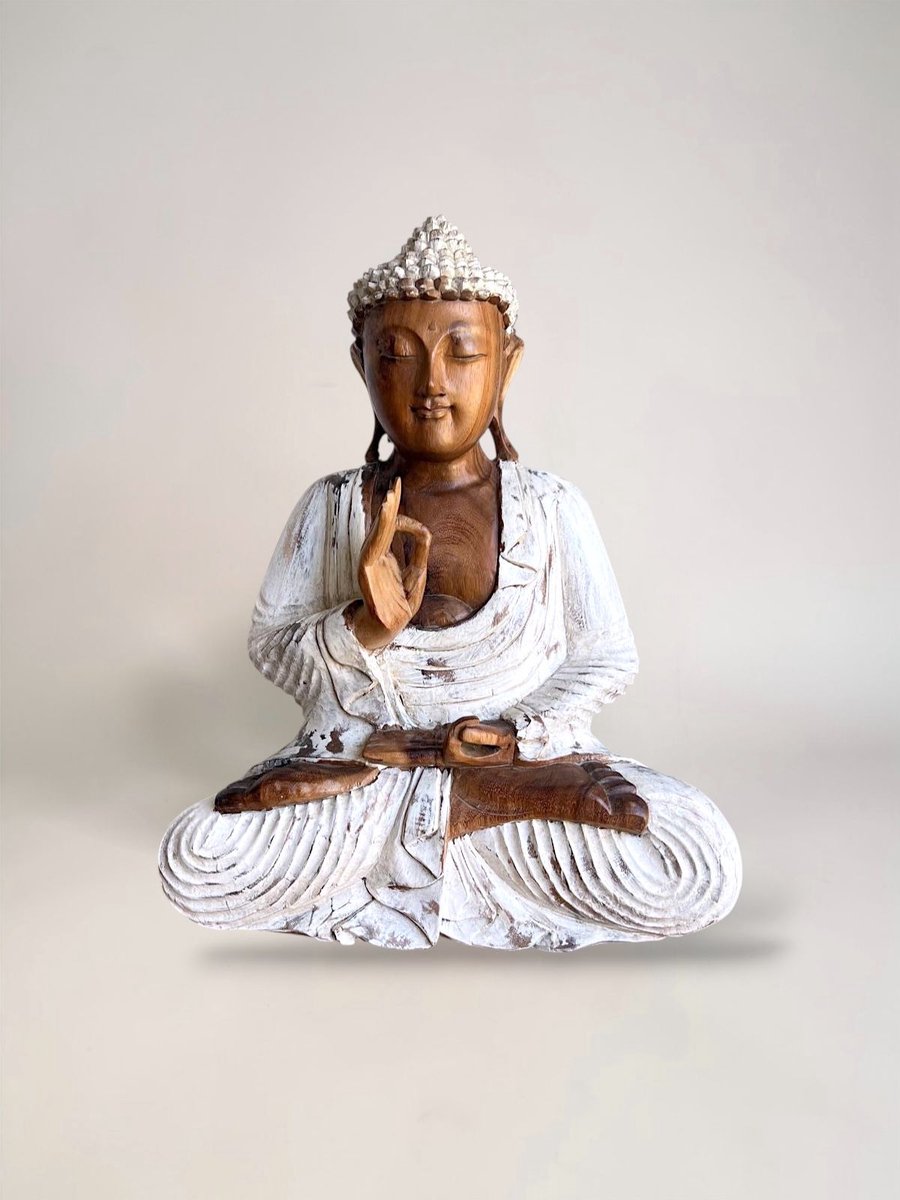 Houten Boeddha Beeld 53 cm – Zittend – Witte Afwerking – Massief Hout