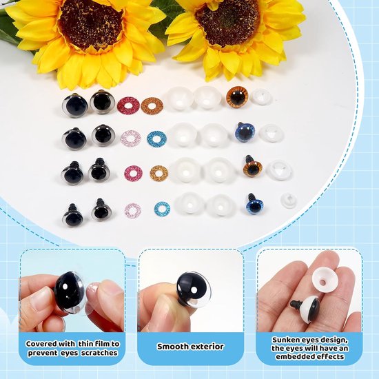 Ogen voor gehaakte dieren 3 soorten poppenogen glitter 11 mm tot 18 mm kunststof knutseloogen veelkleurig knoopogen met sluitringen pop marionet pluche dier — afbeelding 2