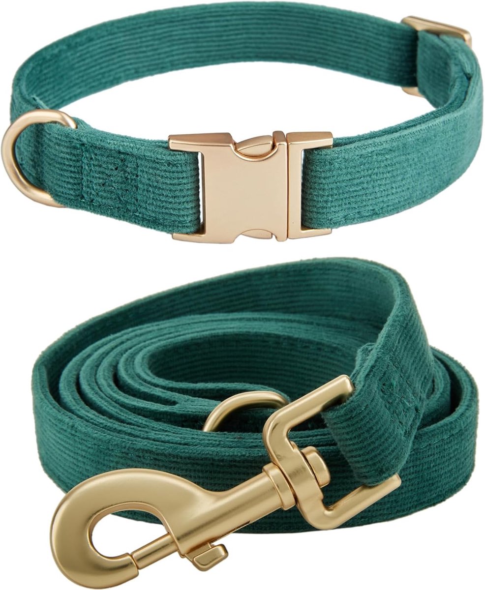 Set van halsband en riem voor kleine honden, zachte halsband en riem van corduroy, niet-irriterend, geschikte combinatie voor dagelijkse wandelingen, groen