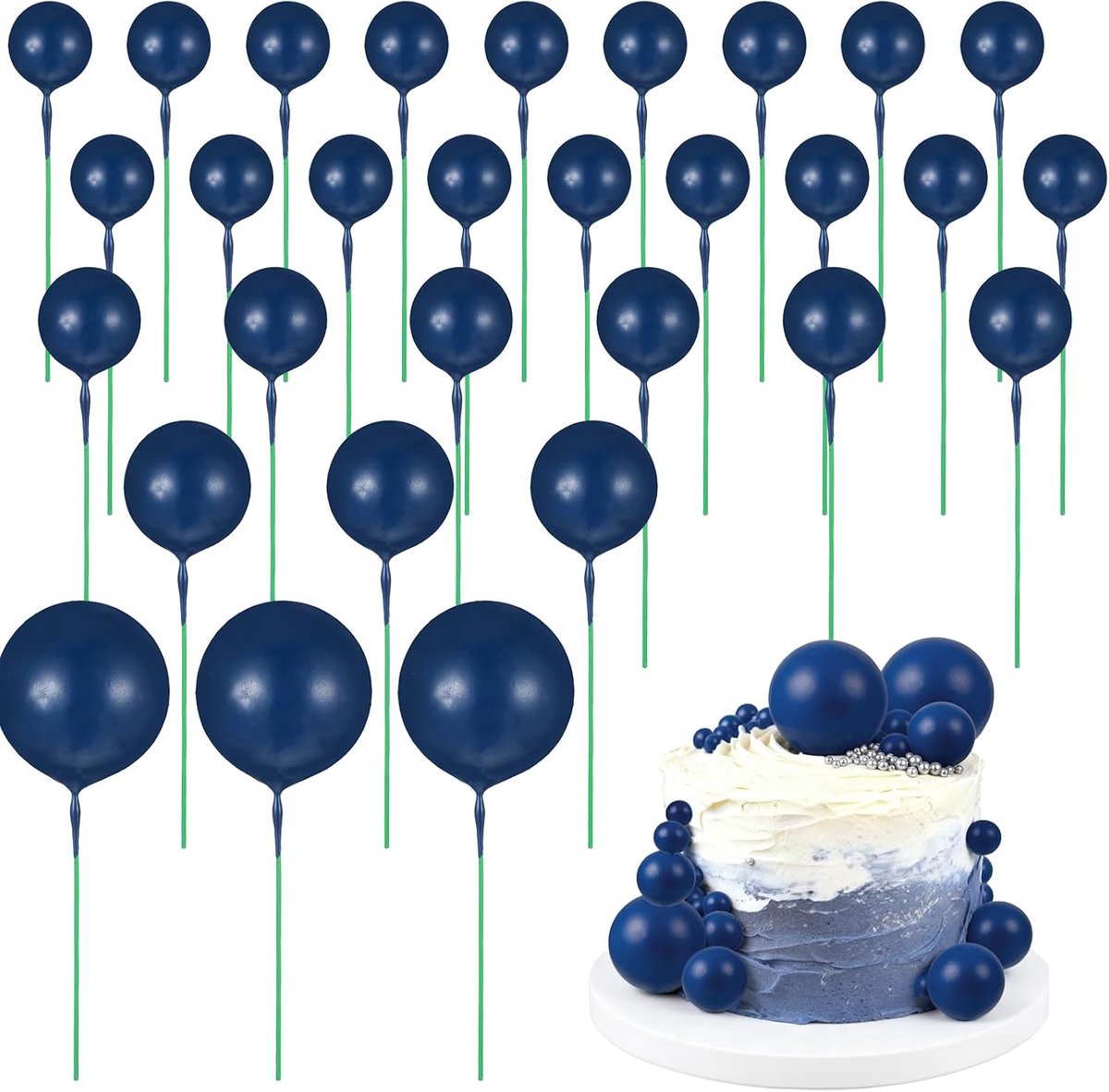 30 stuks taartballen, blauw, taarttoppers, decoratie, taartdecoratie, marineblauwe taartopzetstukken, babyshower, taartdecoratie, bruiloft, taartdecoratie, ballen voor verjaardag, bruiloft