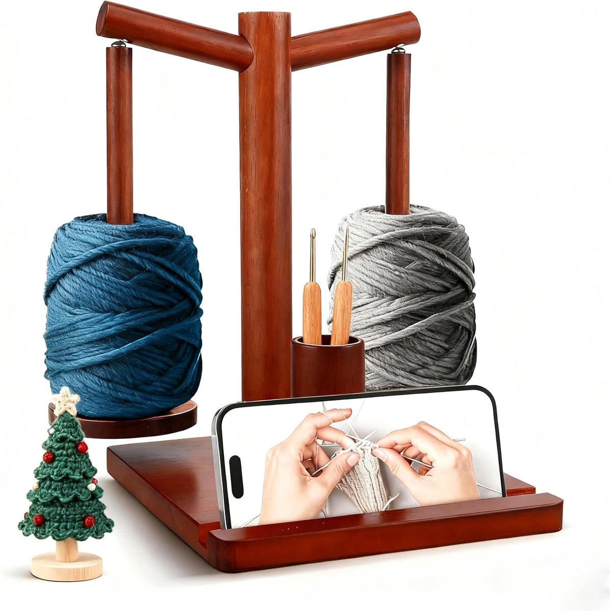 Wolafwikkelaar met kogellager, wolhouder hout met breinaaldtoebehoren organizer, magnetische garenhouder voor haken met telefoonhouder, dubbele garenbalhouder standaard cadeau voor mama oma breielover