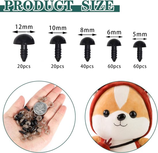 Ogen voor Gehaakte Dieren, 5-12 mm Veiligheidsoogjes met Sluitringen Poppenogen voor Amigurumi Pluche Dier Poppen Knutselen DIY - met Doos — afbeelding 2