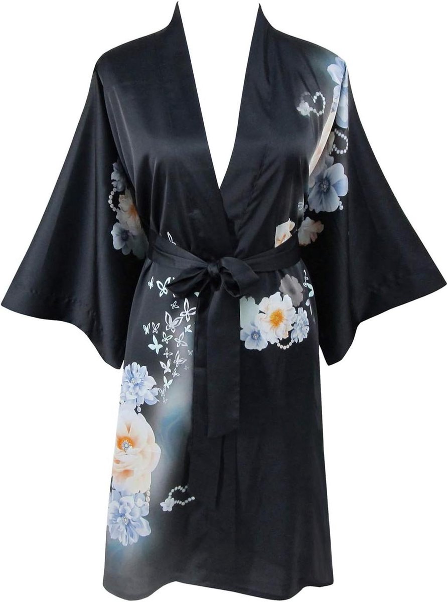 Kimono Badjas - Kimonojas Dames - Ontspannen Thuis - Exclusief Bloemenprint - One Size - Zwart