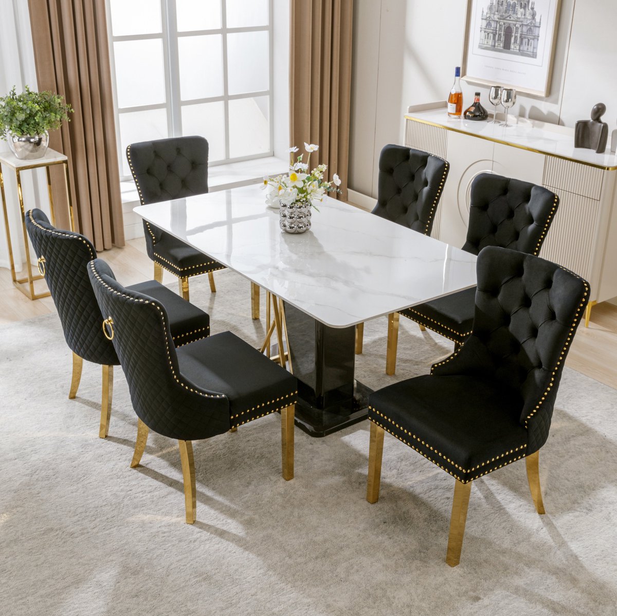 DESMIU Eetkamerstoel - Set Van 6 - Fluwelen Bekleding Met Ronde Trekring En Nagelkopdetails - Voor Eetkamer En Woonkamer - RVS Zwart Goud